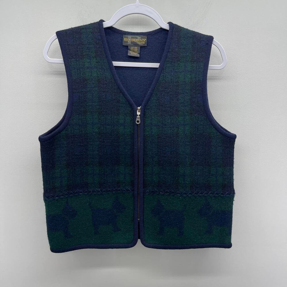 Requirements Scottie Dog Wool Vest Womens Medium Blue Green Plaid Zip Up‎ Granny